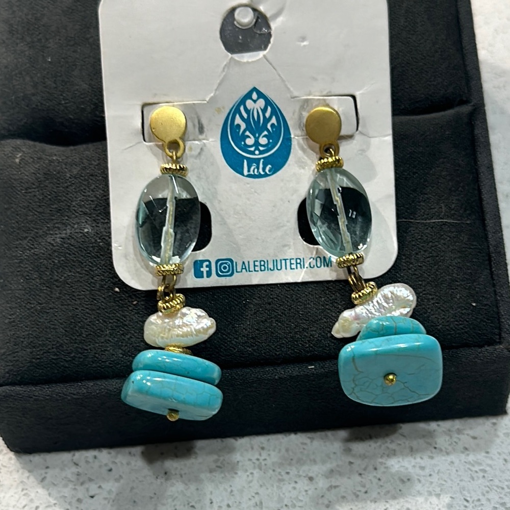 Lale Blue Stones, pearls & Gold Dangle Earrings